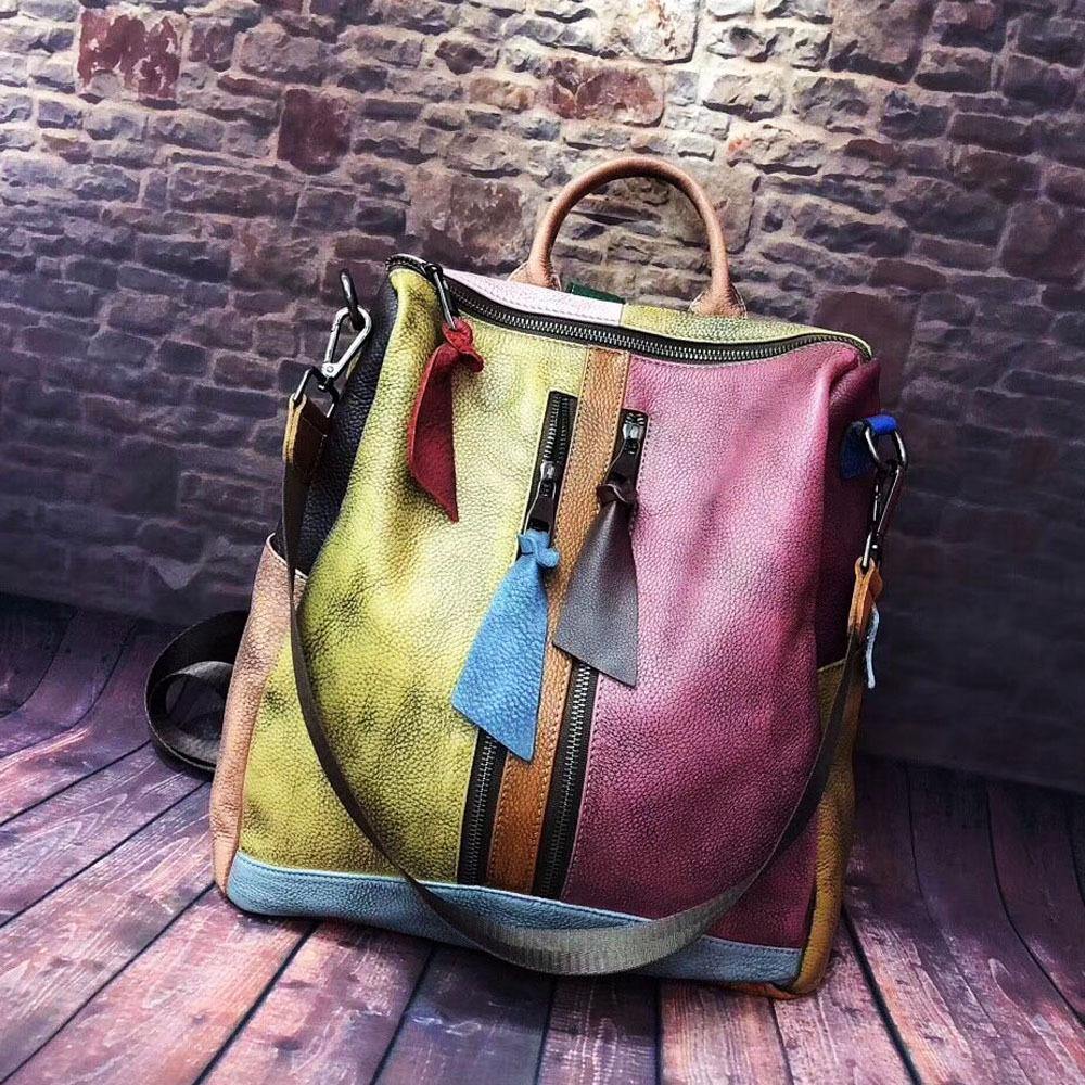 Dam Retro Äkta Läder Ryggsäck med Handtag och Rymlig Design