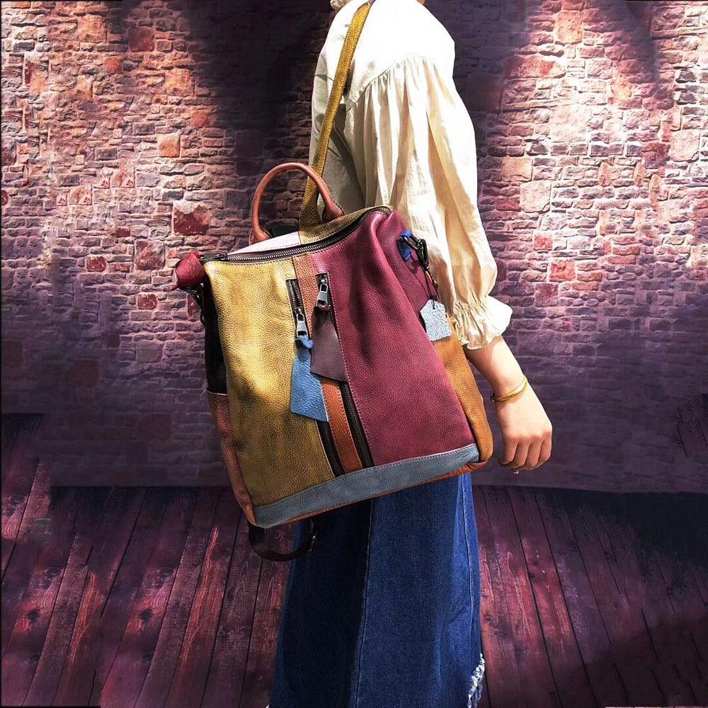 Dam Retro Äkta Läder Ryggsäck med Handtag och Rymlig Design