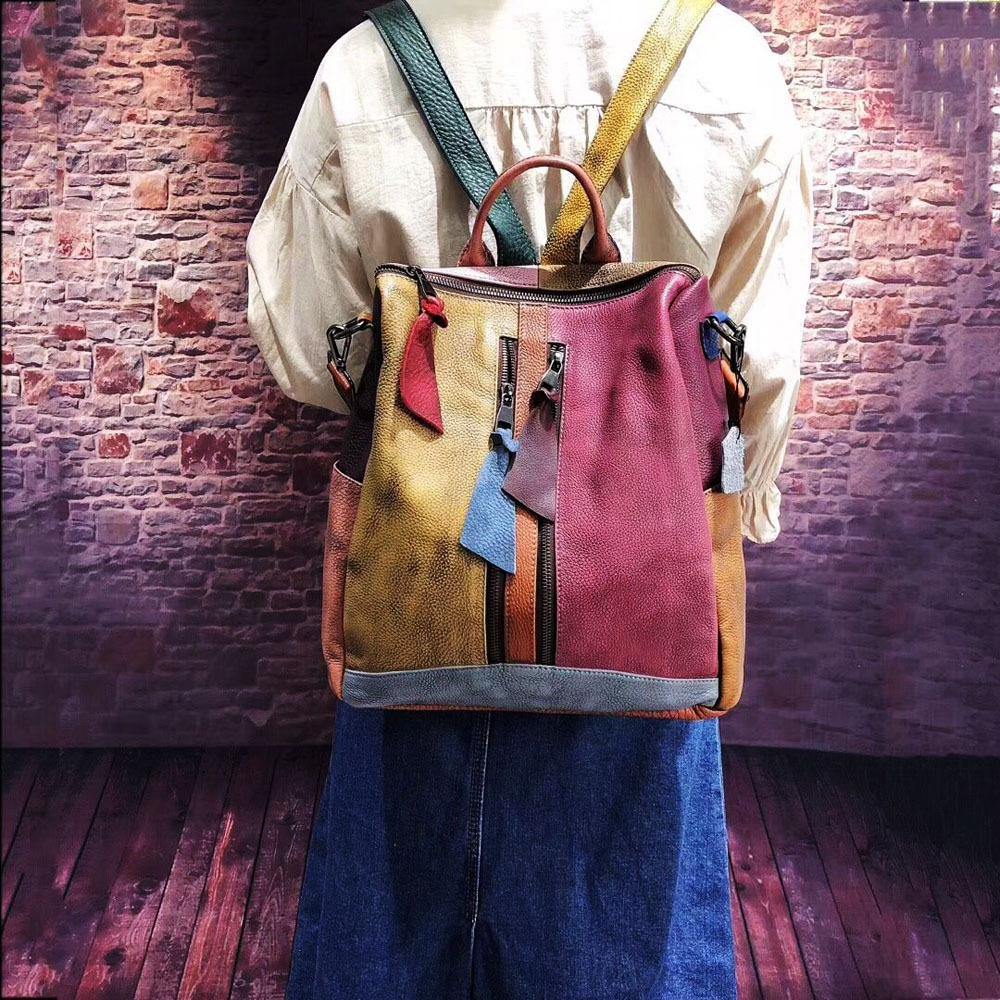 Dam Retro Äkta Läder Ryggsäck med Handtag och Rymlig Design
