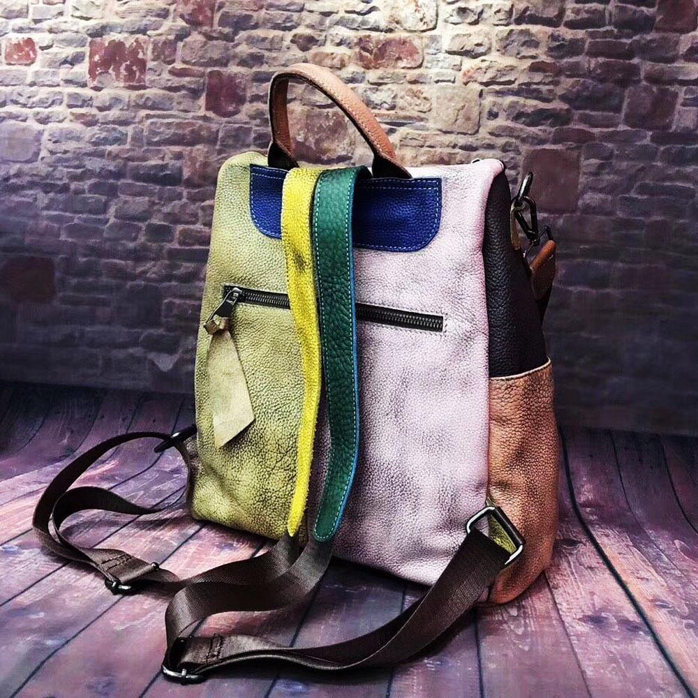 Dam Retro Äkta Läder Ryggsäck med Handtag och Rymlig Design