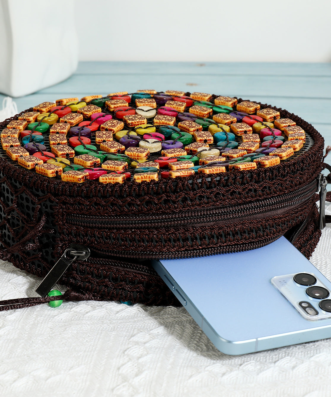 Dam Elegant Trä Messenger Väska med Zip-Up Stängning