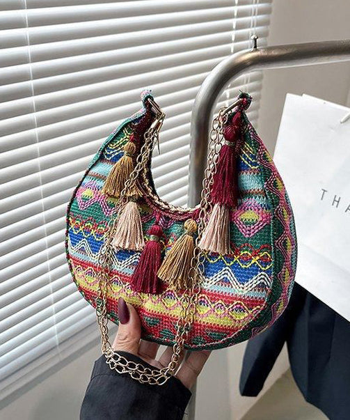 Dam Boho Stil Bomull Väska med Fransar och Dragkedja