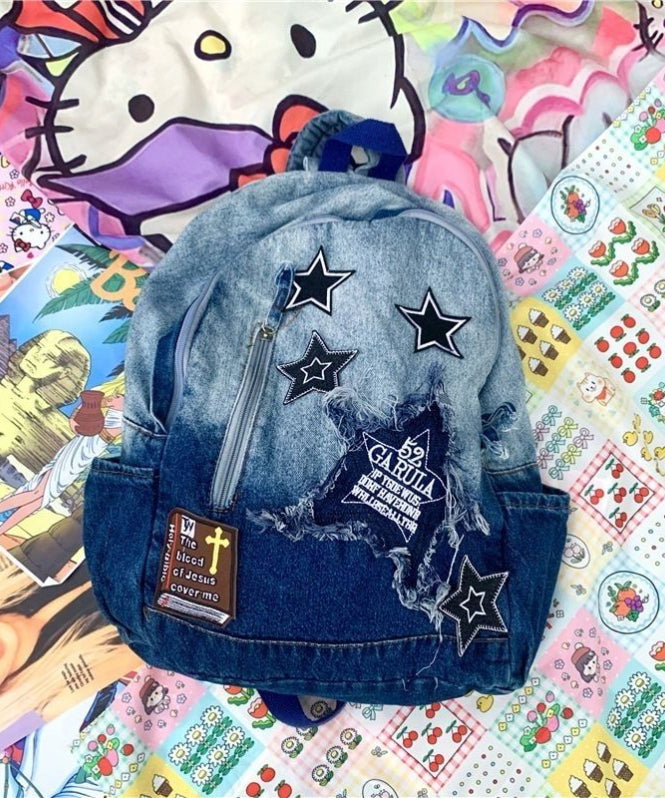 Unisex Klassisk Denim Ryggsäck med Stor Kapacitet och Inre Fickor