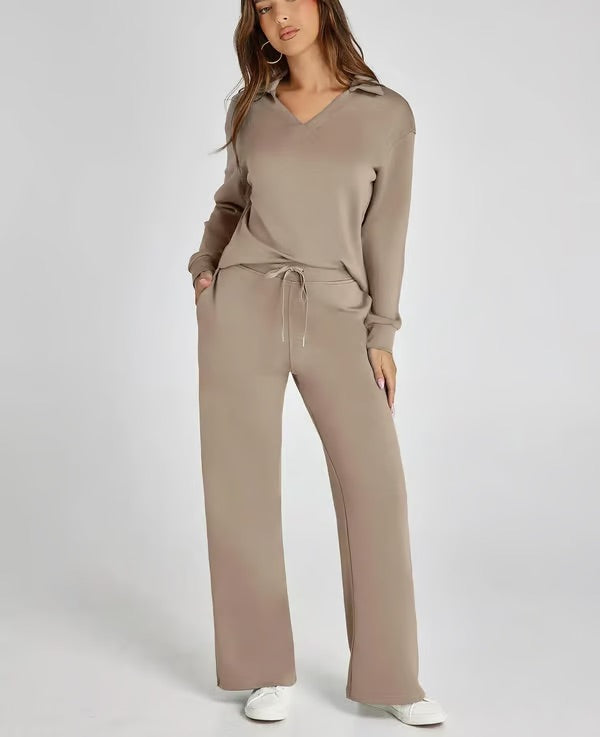 Tvådelat Loungewear-Set för Kvinnor Med Topp med V-ringning och Byxor med Vida ben