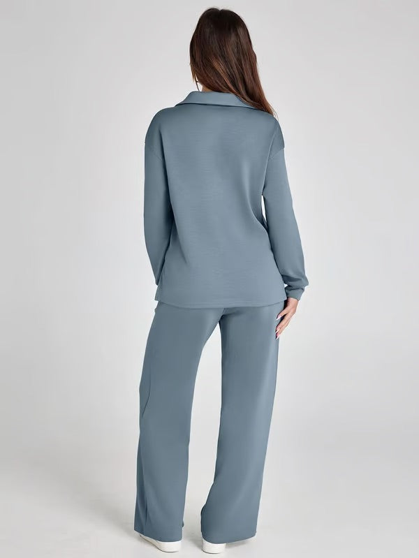 Tvådelat Loungewear-Set för Kvinnor Med Topp med V-ringning och Byxor med Vida ben