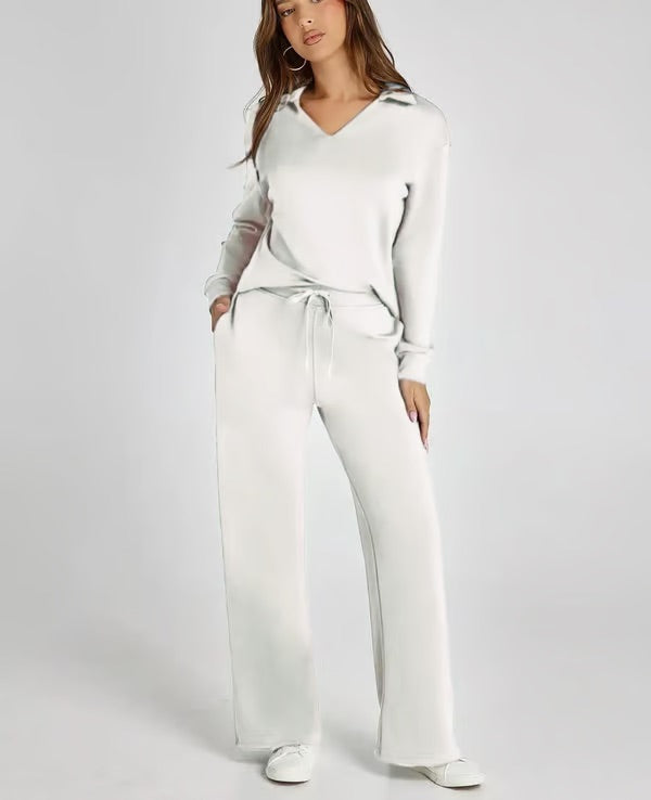 Tvådelat Loungewear-Set för Kvinnor Med Topp med V-ringning och Byxor med Vida ben