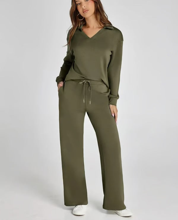 Tvådelat Loungewear-Set för Kvinnor Med Topp med V-ringning och Byxor med Vida ben