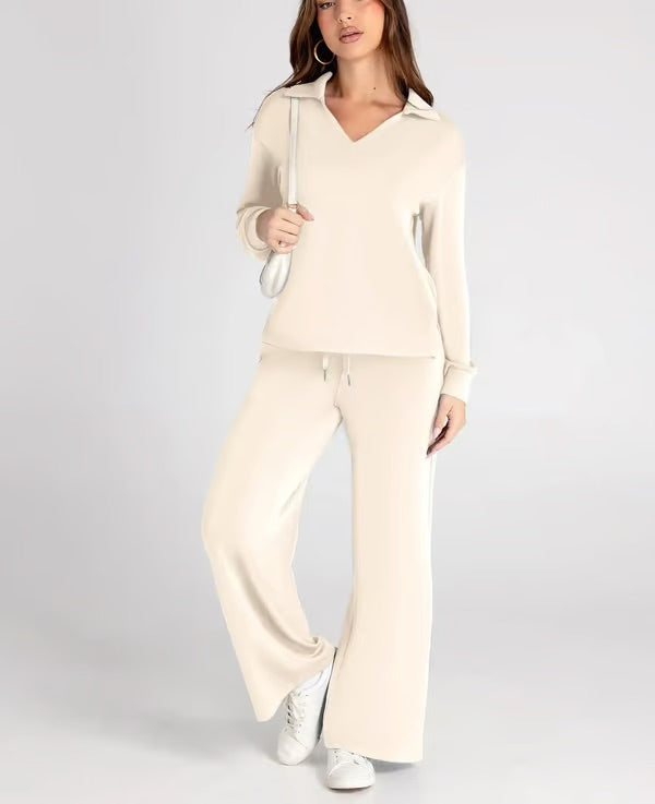 Tvådelat Loungewear-Set för Kvinnor Med Topp med V-ringning och Byxor med Vida ben