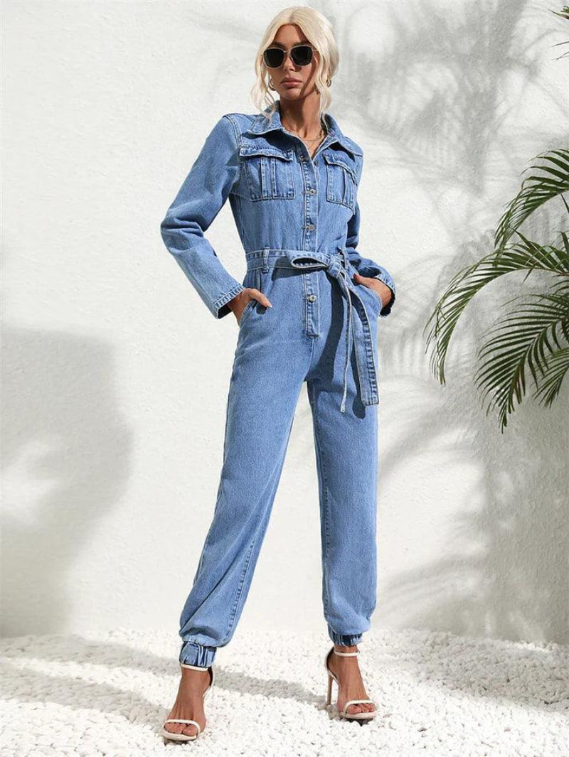 Dam Jumpsuit med Knäppning och Långa Ärmar