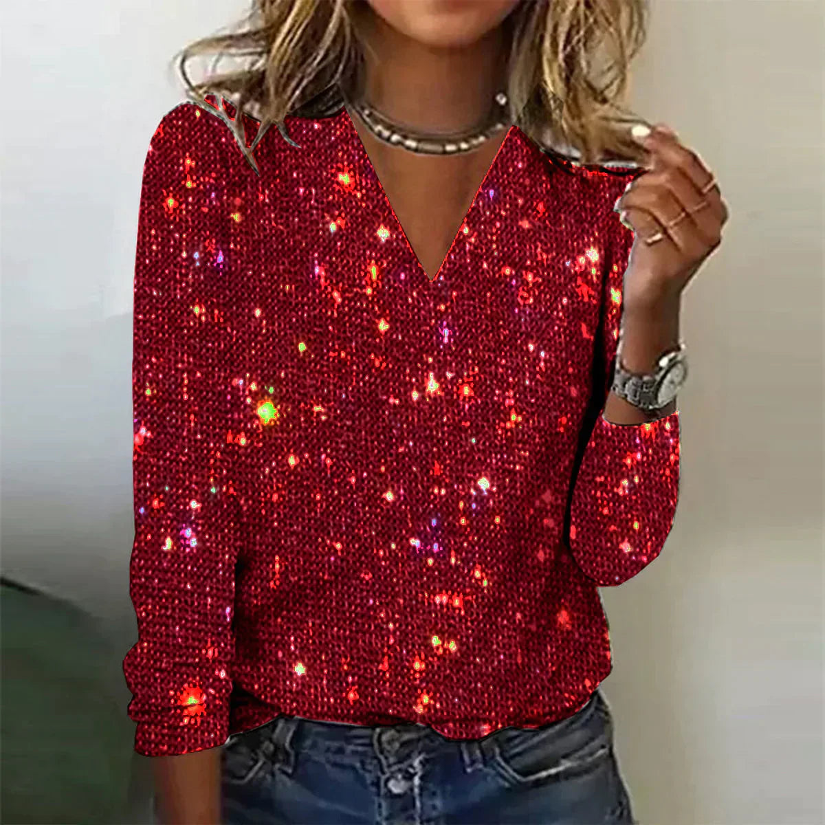 Dame top med V-hals | Glitterdetaljer