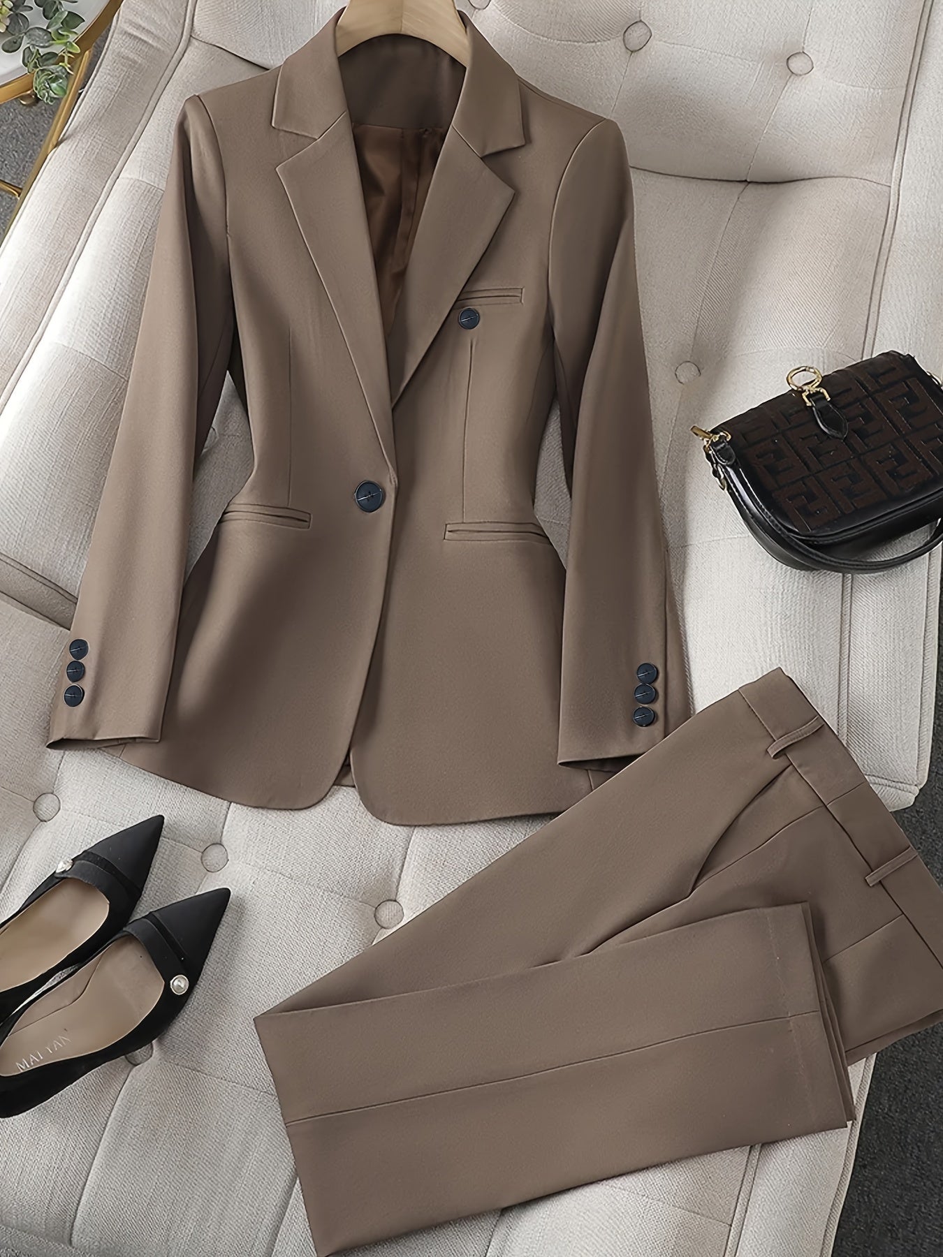 Kvinnors Klassiska Blazer Set med Notch Lapel och Byxor