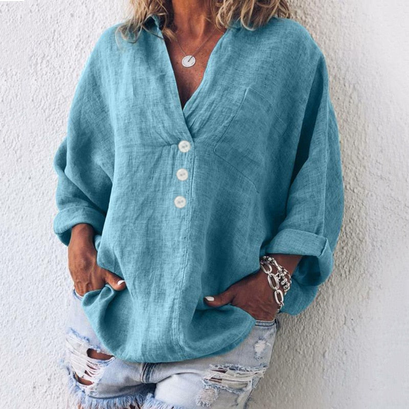 Damebluse | V-hals, Dekorative Knapper