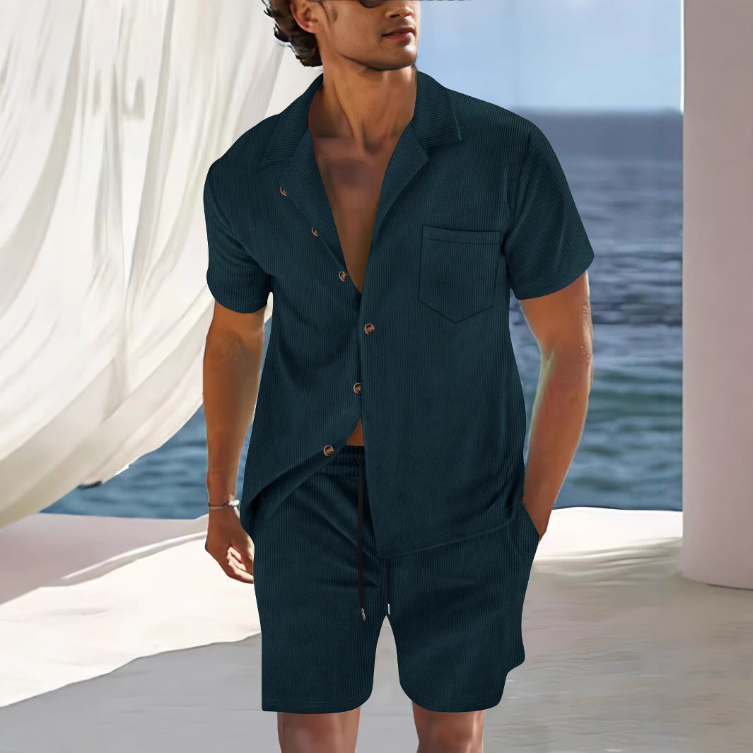 Mäns Set | Kortärmad Tröja och Shorts | Knappstängning