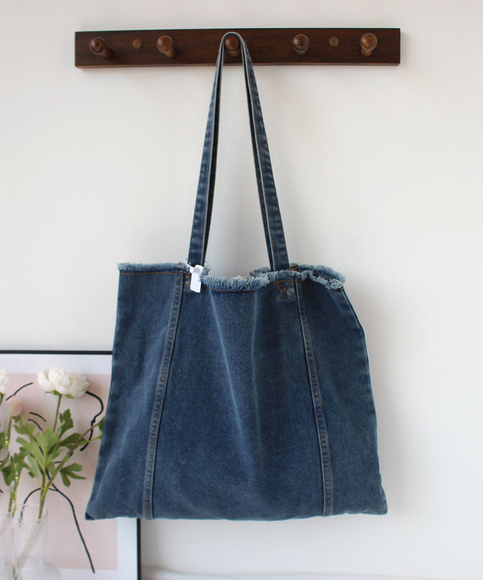 Dam Trendig Denim Axelväska med Hög Kapacitet och Riven Kant