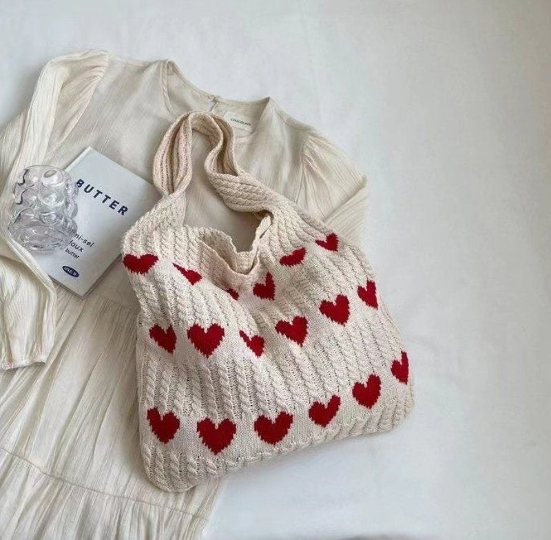 Thalia - Romslig Oppbevaring Strikket Tote-veske med Hjerteprint for Dame