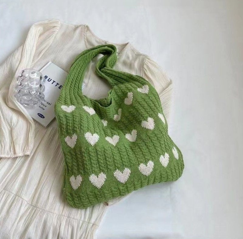 Thalia - Romslig Oppbevaring Strikket Tote-veske med Hjerteprint for Dame