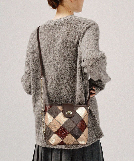 Dam Elegant Kalvläder Messenger Bag med Rutig Patchwork och Inuti Fickor