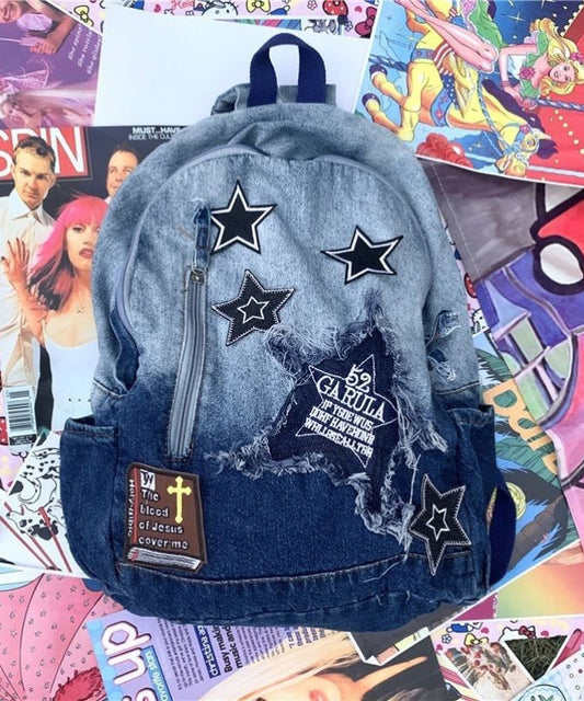 Unisex Klassisk Denim Ryggsäck med Stor Kapacitet och Inre Fickor