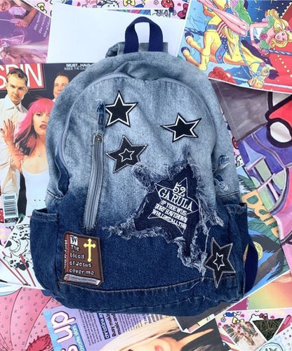 Unisex Klassisk Denim Ryggsäck med Stor Kapacitet och Inre Fickor