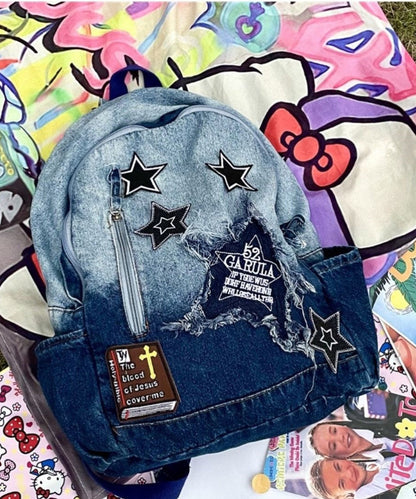Unisex Klassisk Denim Ryggsäck med Stor Kapacitet och Inre Fickor