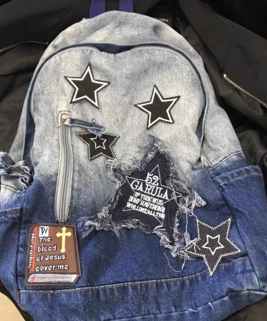 Unisex Klassisk Denim Ryggsäck med Stor Kapacitet och Inre Fickor