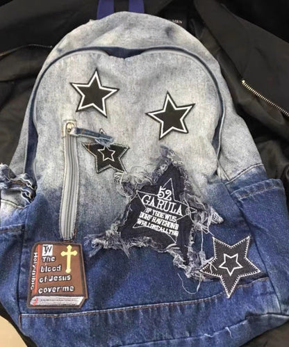 Unisex Klassisk Denim Ryggsäck med Stor Kapacitet och Inre Fickor