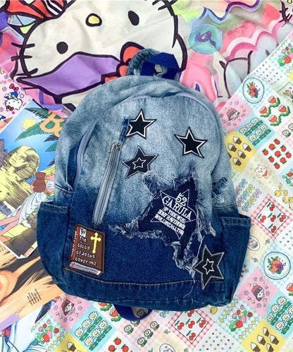 Unisex Klassisk Denim Ryggsäck med Stor Kapacitet och Inre Fickor