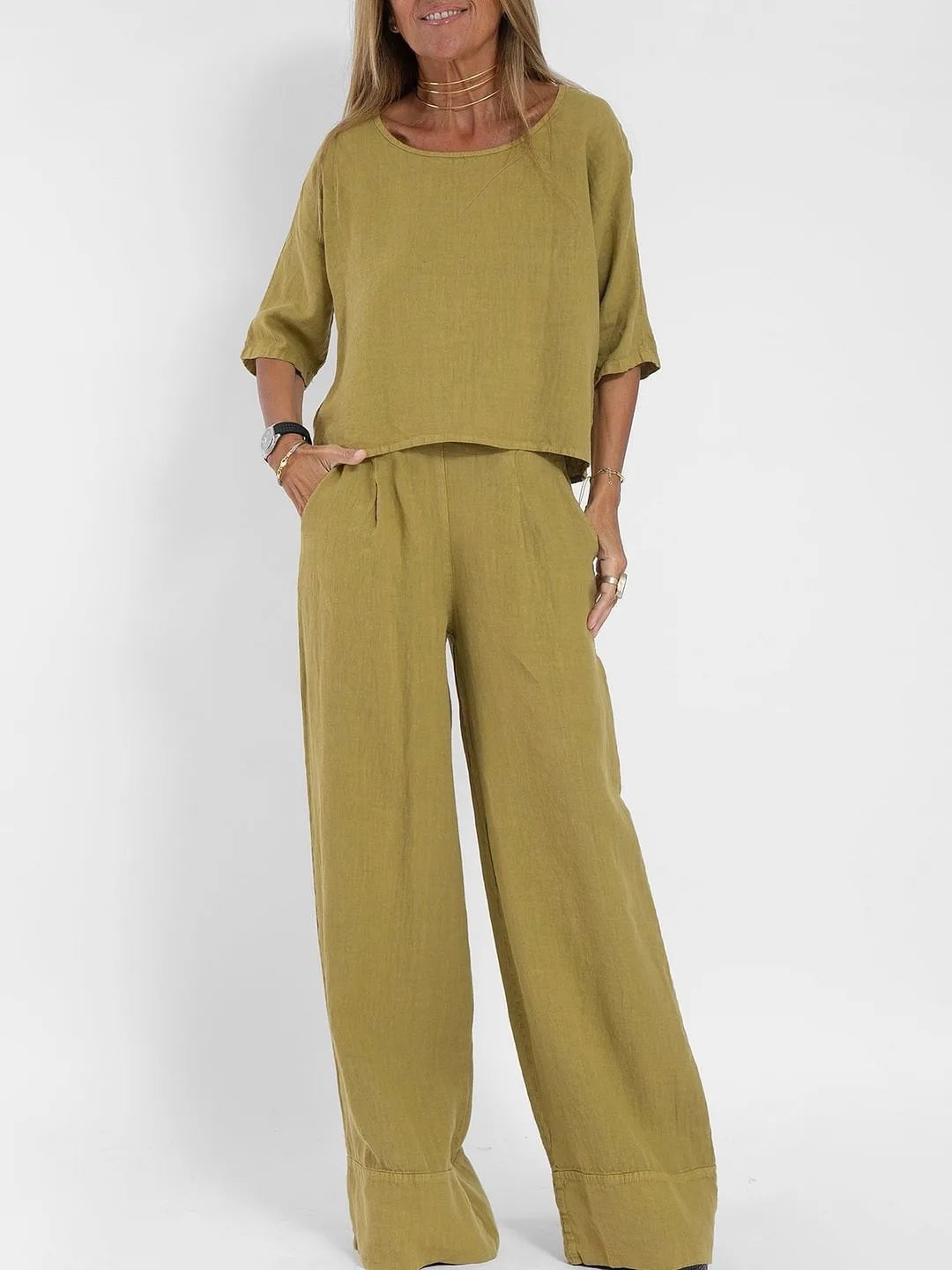Dam Avslappnad Outfit Set med Koordinerande Top och Byxor