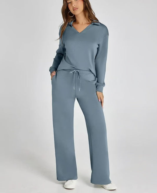 Tvådelat Loungewear-Set för Kvinnor Med Topp med V-ringning och Byxor med Vida ben