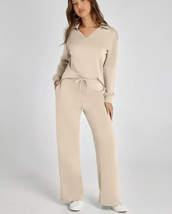 Tvådelat Loungewear-Set för Kvinnor Med Topp med V-ringning och Byxor med Vida ben