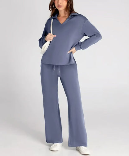 Tvådelat Loungewear-Set för Kvinnor Med Topp med V-ringning och Byxor med Vida ben