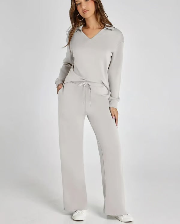 Tvådelat Loungewear-Set för Kvinnor Med Topp med V-ringning och Byxor med Vida ben