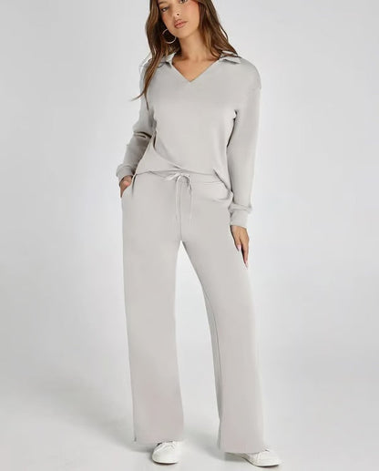 Tvådelat Loungewear-Set för Kvinnor Med Topp med V-ringning och Byxor med Vida ben