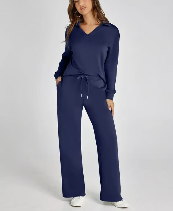 Tvådelat Loungewear-Set för Kvinnor Med Topp med V-ringning och Byxor med Vida ben