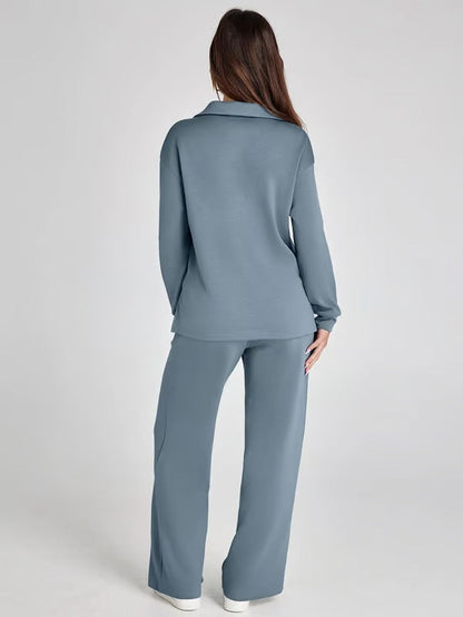 Tvådelat Loungewear-Set för Kvinnor Med Topp med V-ringning och Byxor med Vida ben