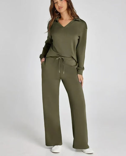 Tvådelat Loungewear-Set för Kvinnor Med Topp med V-ringning och Byxor med Vida ben