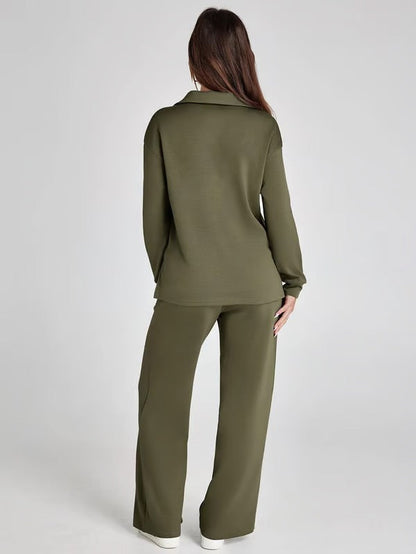 Tvådelat Loungewear-Set för Kvinnor Med Topp med V-ringning och Byxor med Vida ben