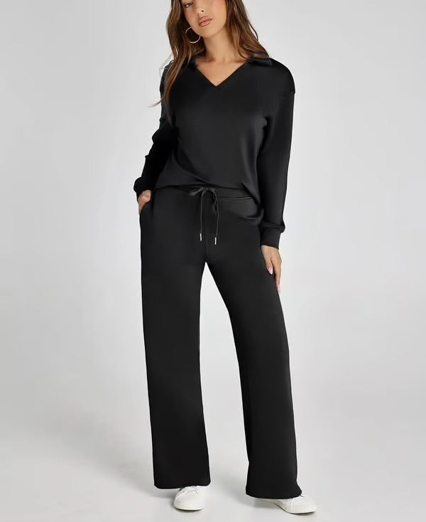 Tvådelat Loungewear-Set för Kvinnor Med Topp med V-ringning och Byxor med Vida ben