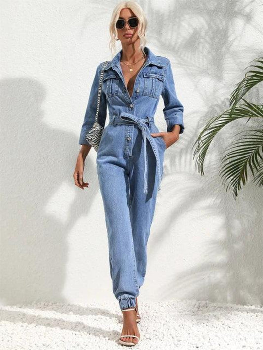Dam Jumpsuit med Knäppning och Långa Ärmar