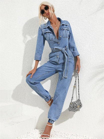 Dam Jumpsuit med Knäppning och Långa Ärmar