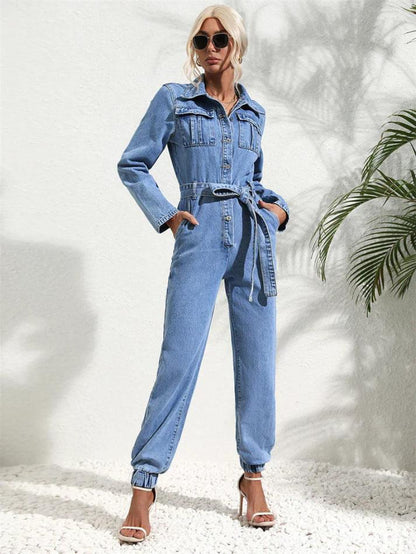 Dam Jumpsuit med Knäppning och Långa Ärmar