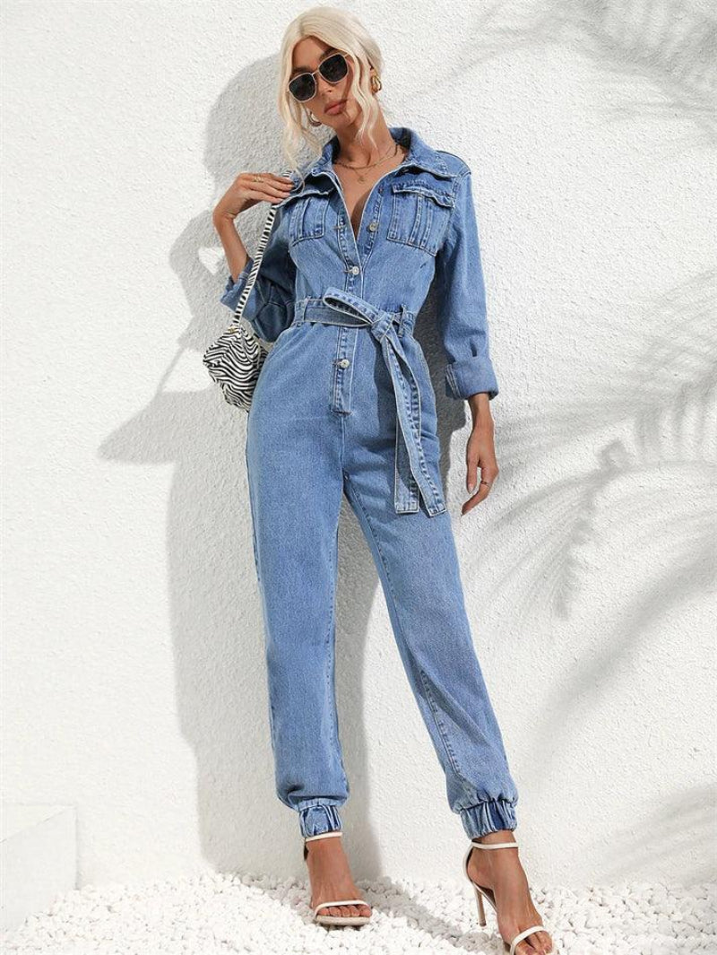 Dam Jumpsuit med Knäppning och Långa Ärmar