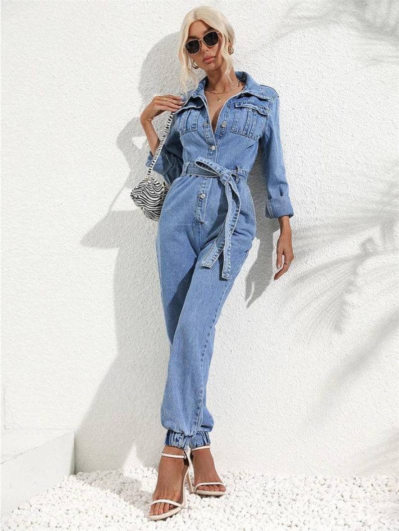Dam Jumpsuit med Knäppning och Långa Ärmar