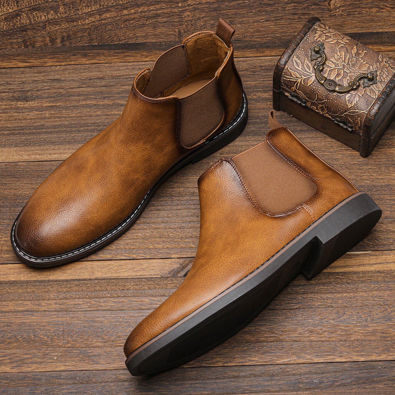 Herrens Klassiska Läder Chelsea-Stövlar med Slip-On Design 5