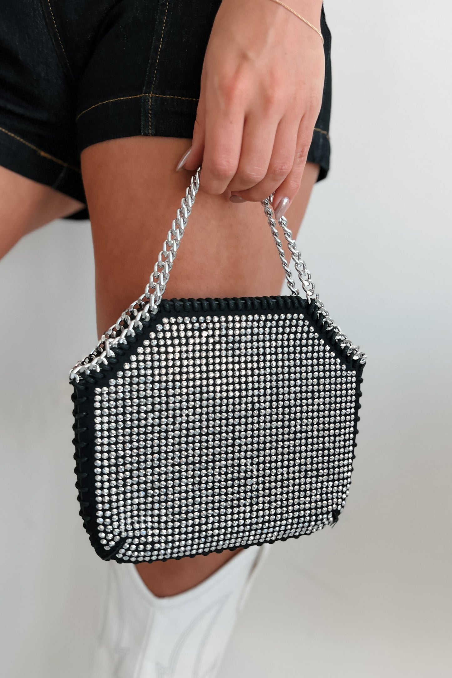 Dam Elegant Crossbody Väska i Rhinestones med Silverkedja