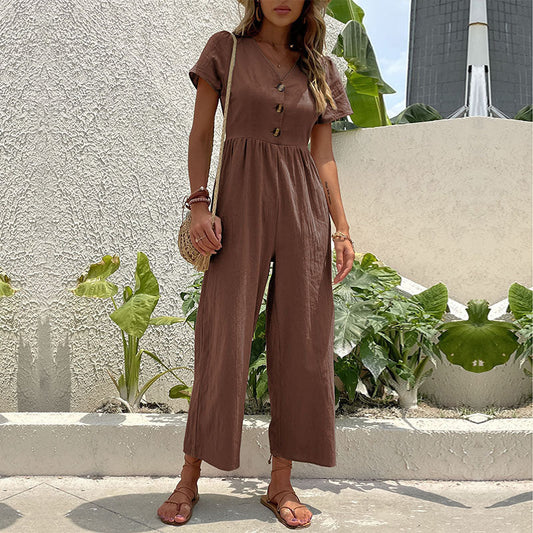 Dam Kortärmad Jumpsuit med Breda Ben