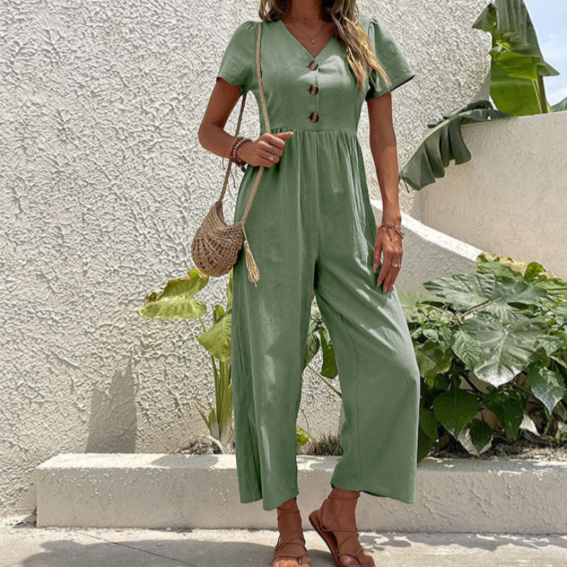 Dam Kortärmad Jumpsuit med Breda Ben