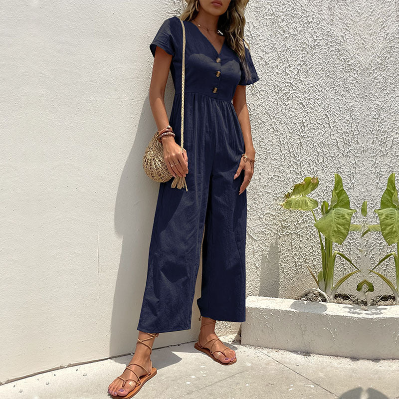 Dam Kortärmad Jumpsuit med Breda Ben
