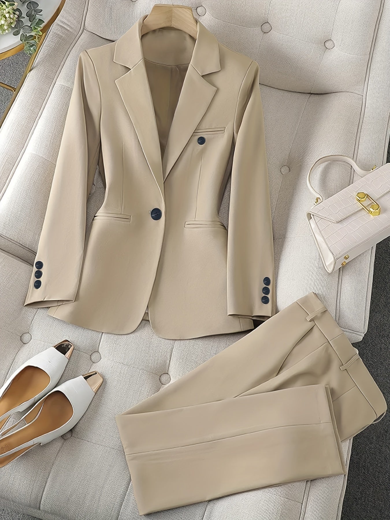 Kvinnors Klassiska Blazer Set med Notch Lapel och Byxor