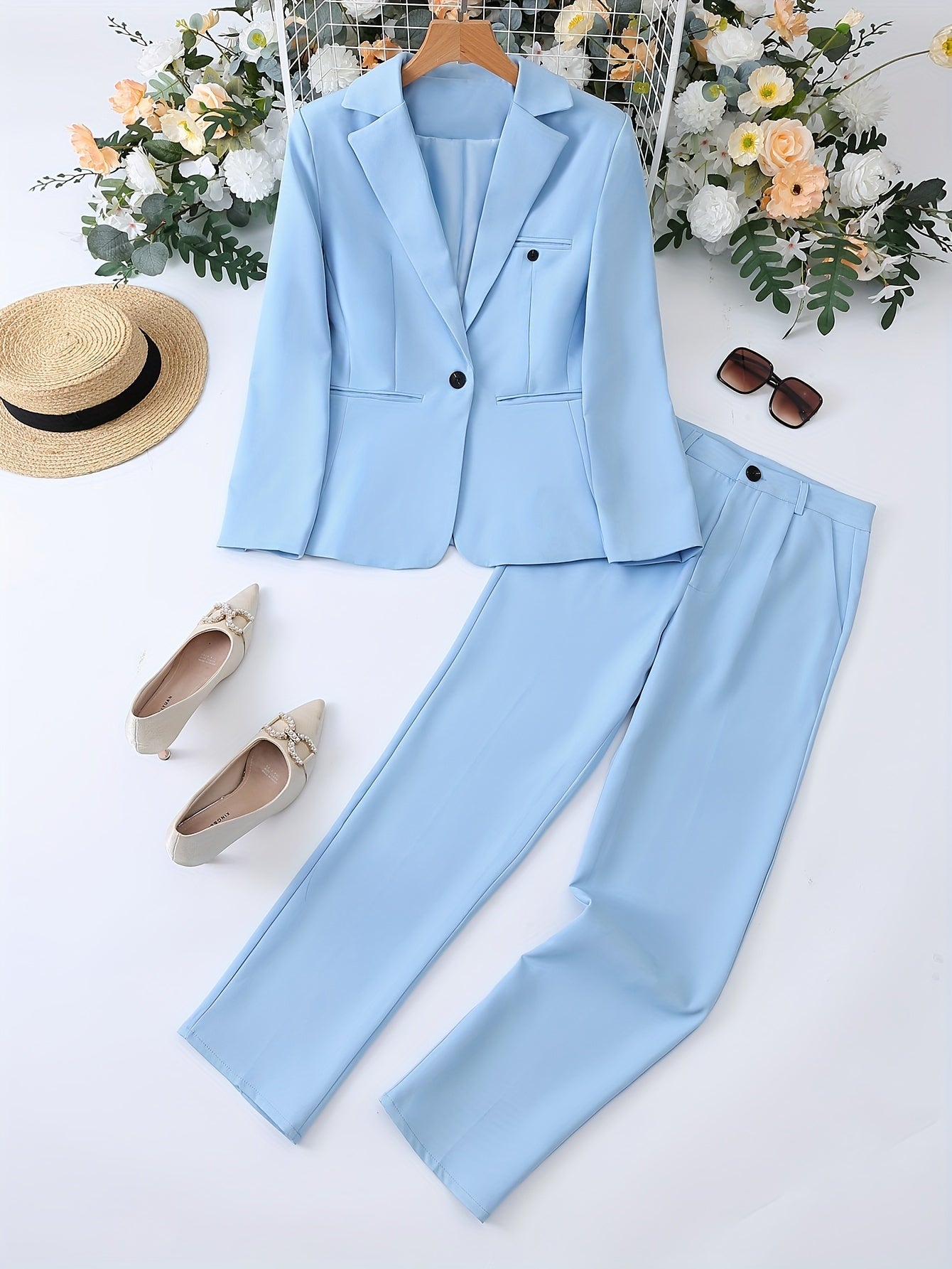 Kvinnors Klassiska Blazer Set med Notch Lapel och Byxor